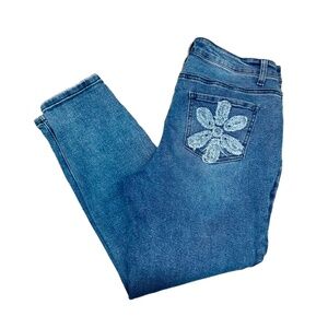 Harper Grey Women’s High Waist Straight Leg Jeans – Size 10 – Floral Detail